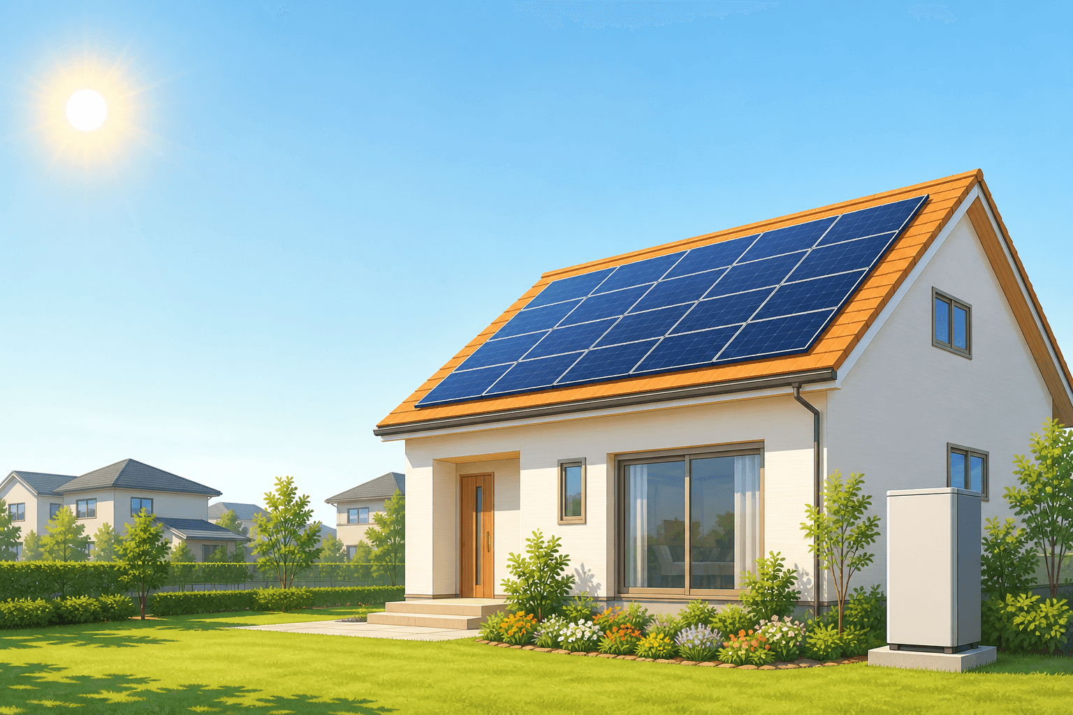 太陽光パネルと蓄電池を設置した住宅のイラスト